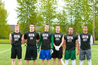 (L-R) Sheldon LB Marcus McGovern, Central Catholic RB/LB Ryan Nall, Jesuit LB Joey Alfieri, Lake Oswego LB/RB Nick Underwood, Tigard FB/LB AJ Hotchkins, Canby LB Sam Bodine- (Barton Football Academy Salem Combine)