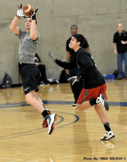 Adamo guarding Oregon #1 ranked Jr WR Keegen Hlad (6-4 185) of West Salem