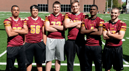 What could potentially be one of the best teams in the country: Tom Lemming All American Photo Shoot: (L-R) Cameron Scarlett 6-2 205 RB, TJ Salu 6-2 280 C/DT, Riley Gallant 6-6 285 T, Blake Brandel 6-7 250 OL/DE, Lamar Winston 6-3 205 OLB/WR, Ronnie Rust 6-1 195 S/RB.. Not Pictured Brady Breeze (South Medford Uniform)
