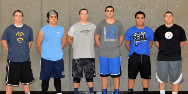 (L-R) Oregon's #1 Sophomore DE Tony Kraus (6-3 235) Canby, OR's #1 Jr. center TJ Salu (6-2 265) Central Catholic, Oregon's #1 Sophomore OL Conner Crist (6-4 285) Tigard, One of the fastest risining OL in the state Aaron Turner (6-5 275 Jr. T) Gresham, top ranked DL Danegelo Penn (6-1 240 Jr. DE) Grant, top ranked OL Nick Miller (6-3 265 Jr. G/C) Jesuit.