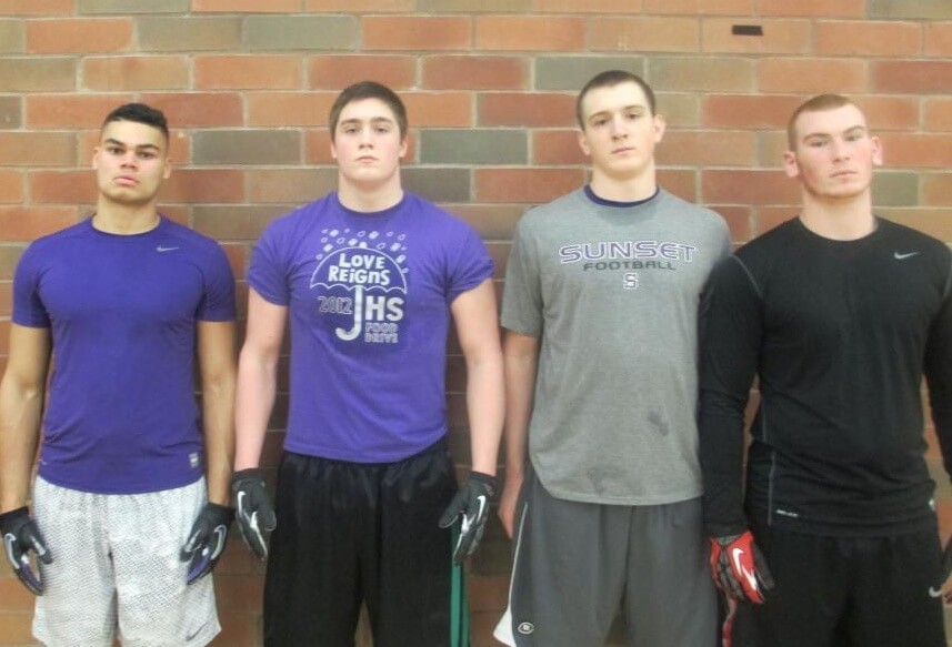 (Oregon Top TE's (L-R) Isaiah Hall 6-4 230 Horizon Christian, Henry Mondeaux 6-5 245 Jesuit (Ore St, Wash Offers), Josh Brown 6-6 240 Sunset, Brody Haehlen 6-4 235 Clackamas)