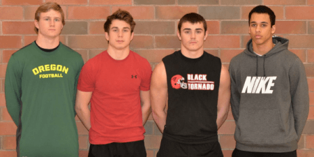 North Medford returns 40 + senior's including 4 first team all league kids pictured here at Barton Elite during the Winter: (L-R) Jared Evans 6-3 195 WR, SWC Player of the Year Troy Fowler 6-0 170 QB, Nick Janakes 6-0 195 RB/SS, Tristen Holmes 6-2 190 WR/S