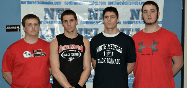 (L-R) 1st team all league lineman Zack Kuitert, Morginn Casaday, Calvin Casaday, Dalton Ireland