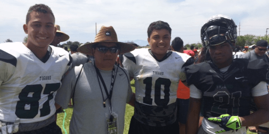 Tigard athletes at All Poly Camp. (L-R) Nikko Thomas, Coach John Rasmussen, Pepe Tanuvasa, Sam Inos.