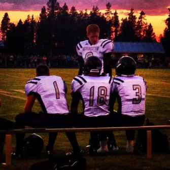 #9 QB Jacob Johnson speaking to (#1 Austin Dougherety, and two of the top returning RB's in Oregon #18 Reece Rollins, #3 Boomer Fleming) 