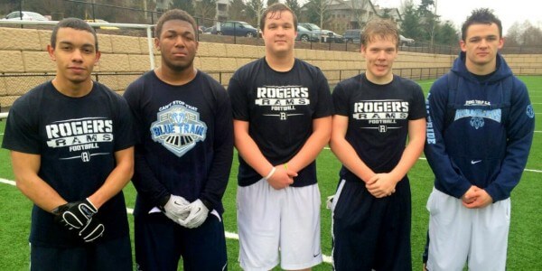 (L-R) Ceth Edwards ('15 RB), Shane Ward ('15 LB), Griffen Stacey ('15 QB), Jake Thaut ('15 WR), Kyler Ooley ('15 WR).