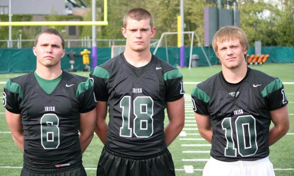 L-R # 6 James Banks, D1 athletes #18 Mike Ralston, #10 Oregon 2012 Player of the Year Connor Strahm. Three athletes from last year's 14-0 State Championship Sheldon Irish team.