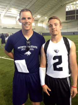 Easton Trakel with Montana State QB coach Cody Kempt