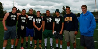 (L-R) Henry Mondeaux (6-5 245 TE/DE-One of the best players in the country 4 Pac 12 offers w Oregon), Jordan Morgan (6-2 200 WR OR's #1 ranked WR-San Jose St, PSU Offers), Joey Alfieri 6-3 225 LB/RB-One of the best LB's in the country 10+ offers W Stanford), AJ Woodin (Southridge starting QB), AJ Hotchkins 6-0 230 LB/FB- Idaho, PSU Offers, Manu Rasmussen (6-0 175 ATH/DB- Pacific Conf POY favorite), Johnny Ragin (CAL commit, one of the best LB's in the country for the 2013 class), Tanner Shipley (Boise St commit, 2012 NWOC Player of the Year)